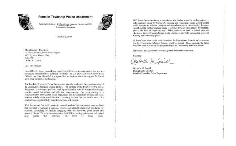 Received a Thank You letter From Franklin Township Police Department