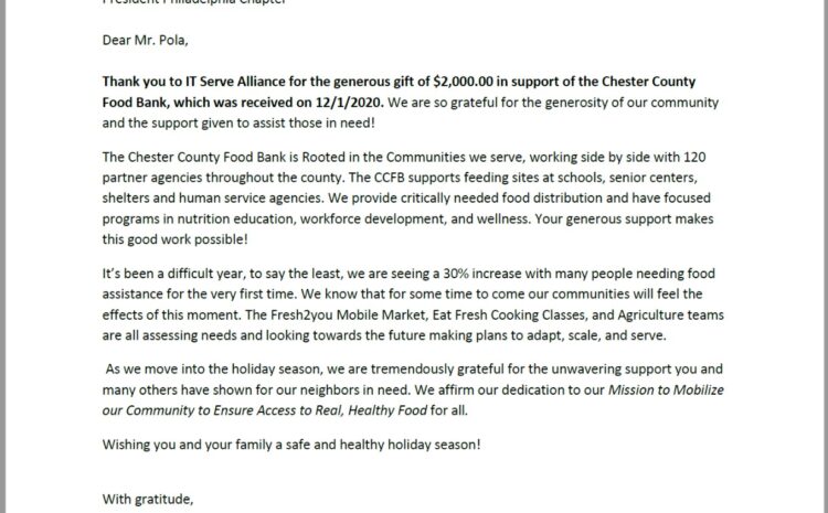Thanking you letter from Chester County Food Bank to help feed schools, senior centers, and shelters in the community